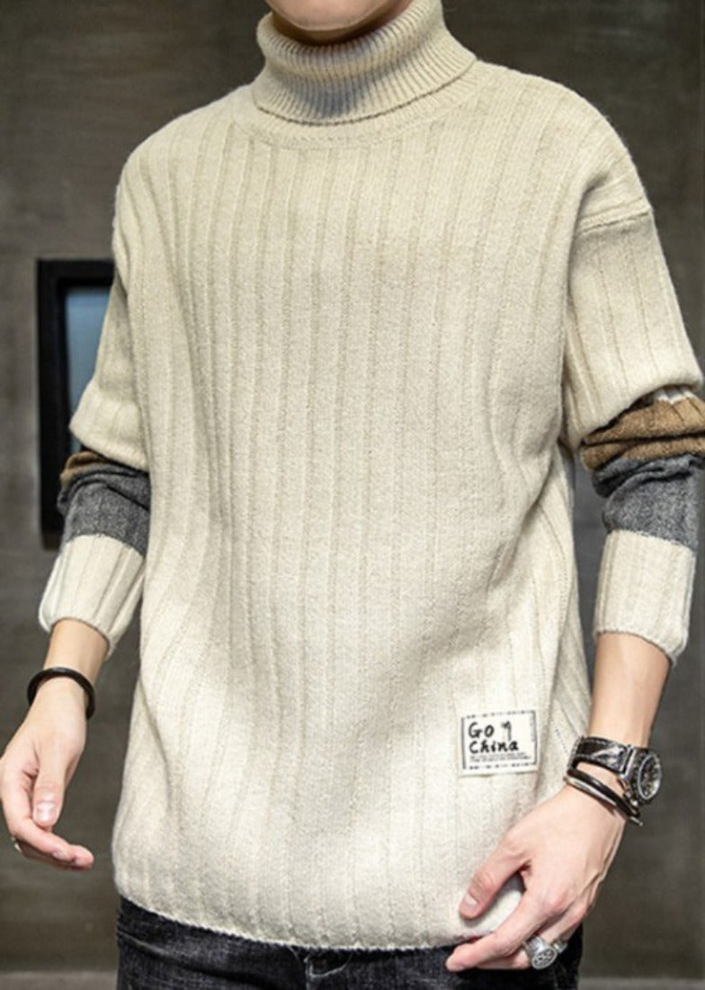 Mens Causal Turtle Neck Sweater with Stripe Sleeves Design