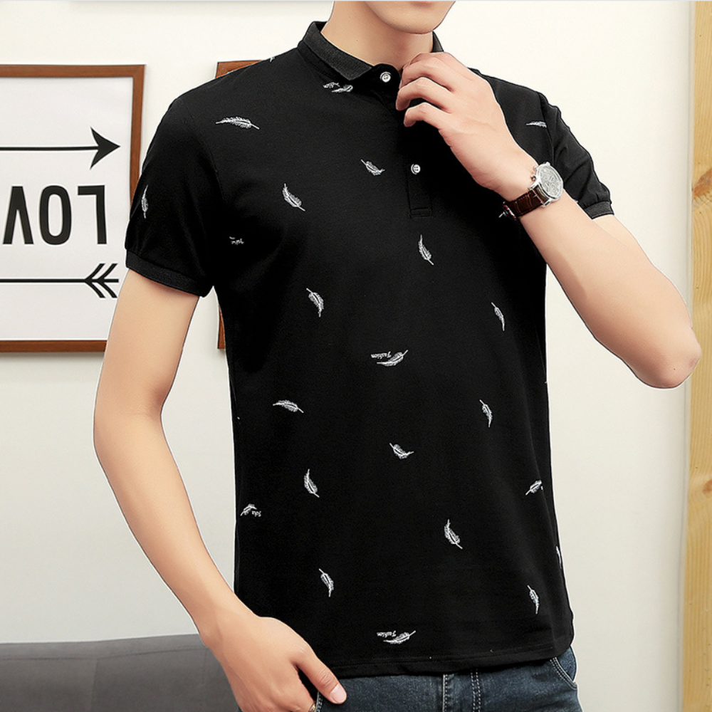 Mens Short Sleeve Polo Shirt with Feather Print