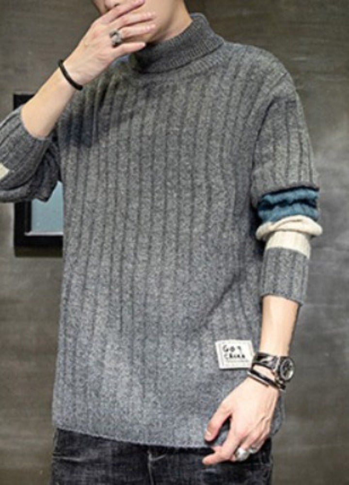 Mens Causal Turtle Neck Sweater with Stripe Sleeves Design