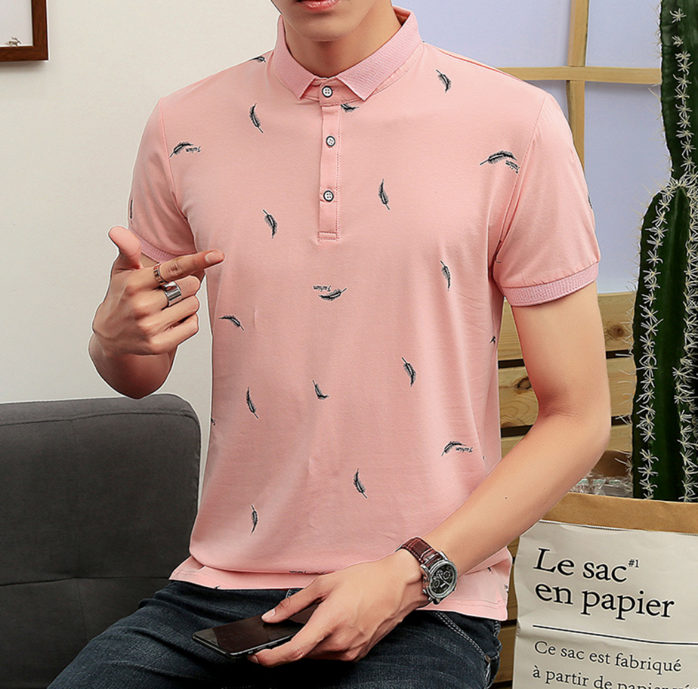 Mens Short Sleeve Polo Shirt with Feather Print