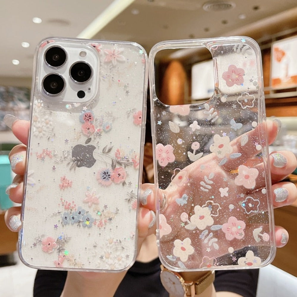 Pink and Blue Daisies Sparkly Silicone Case for iPhone