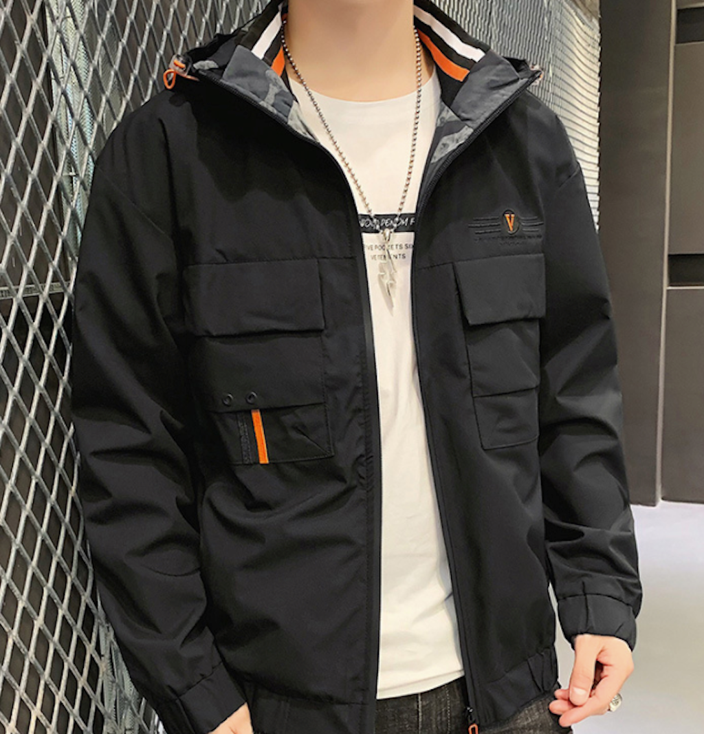 Mens Hooded Windproof Jacket With Collar Details