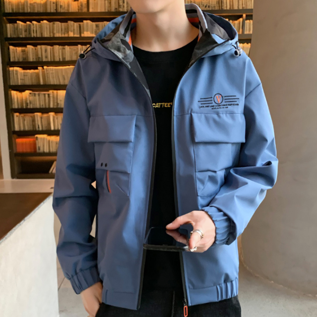 Mens Hooded Windproof Jacket With Collar Details