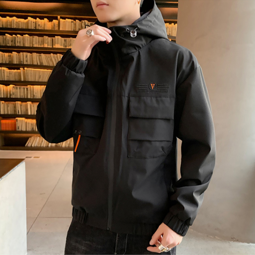 Mens Hooded Windproof Jacket With Collar Details