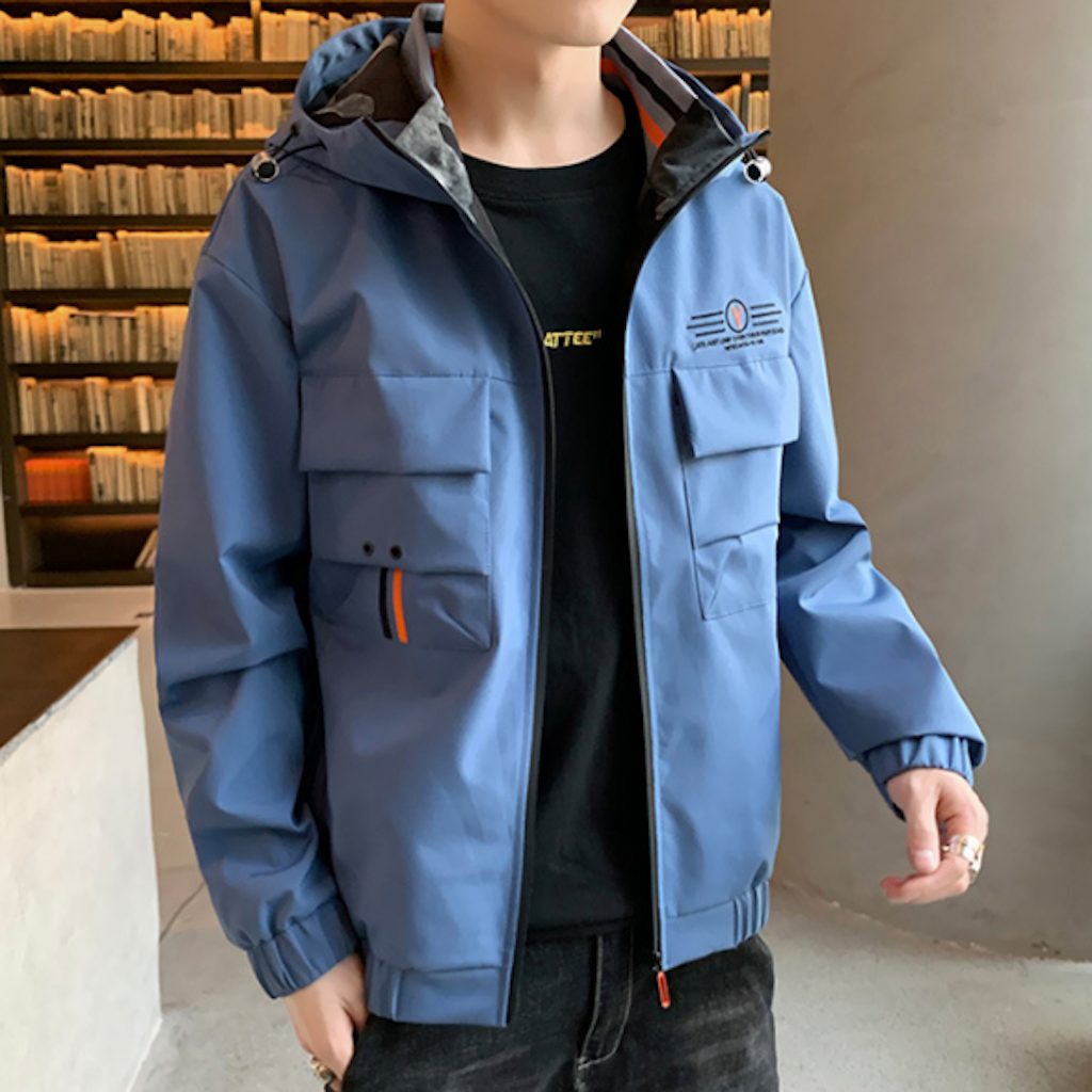 Mens Hooded Windproof Jacket With Collar Details