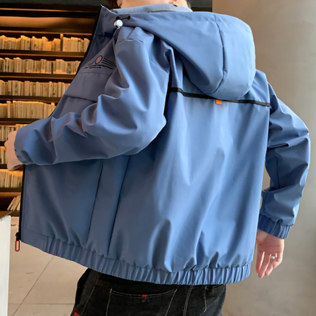 Mens Hooded Windproof Jacket With Collar Details