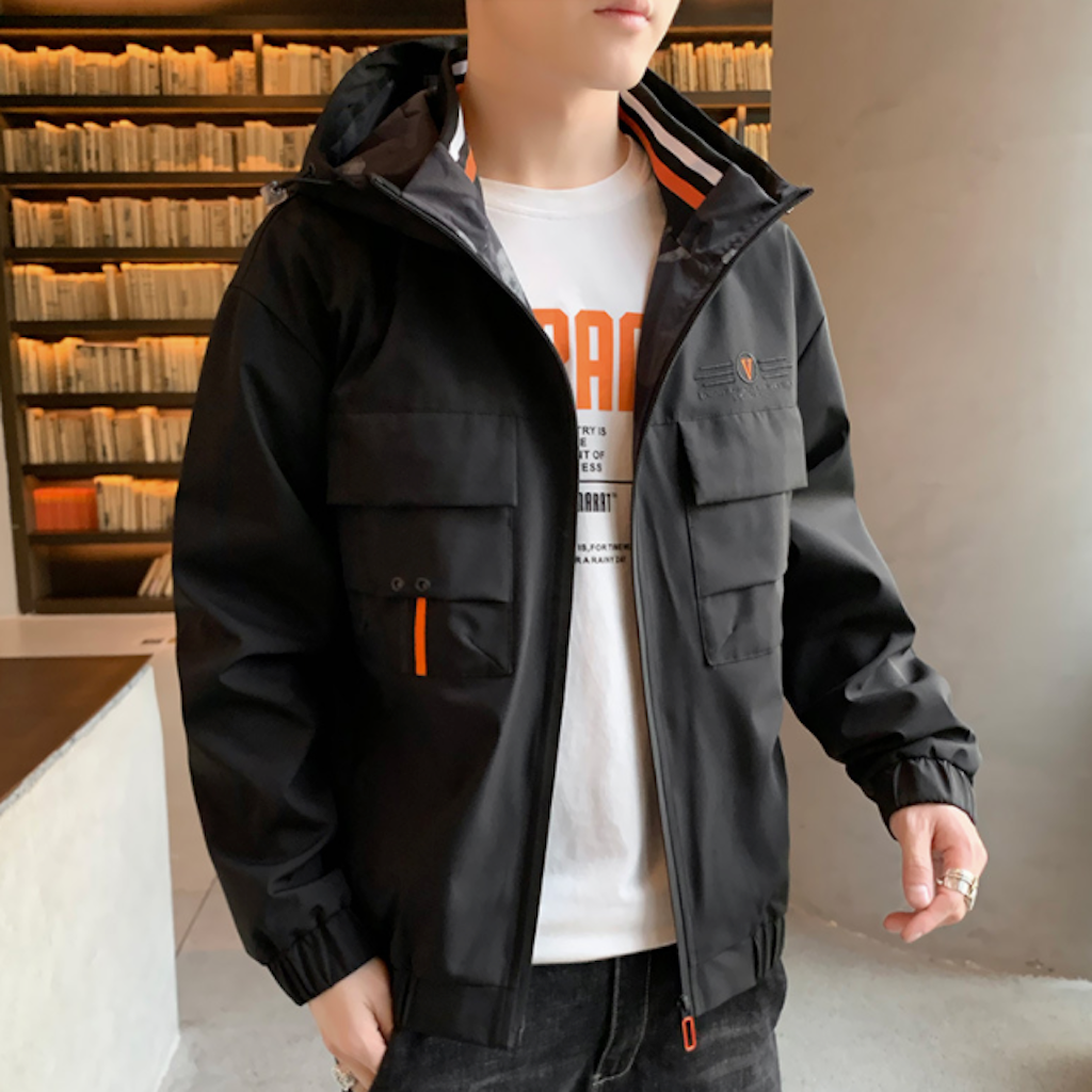 Mens Hooded Windproof Jacket With Collar Details