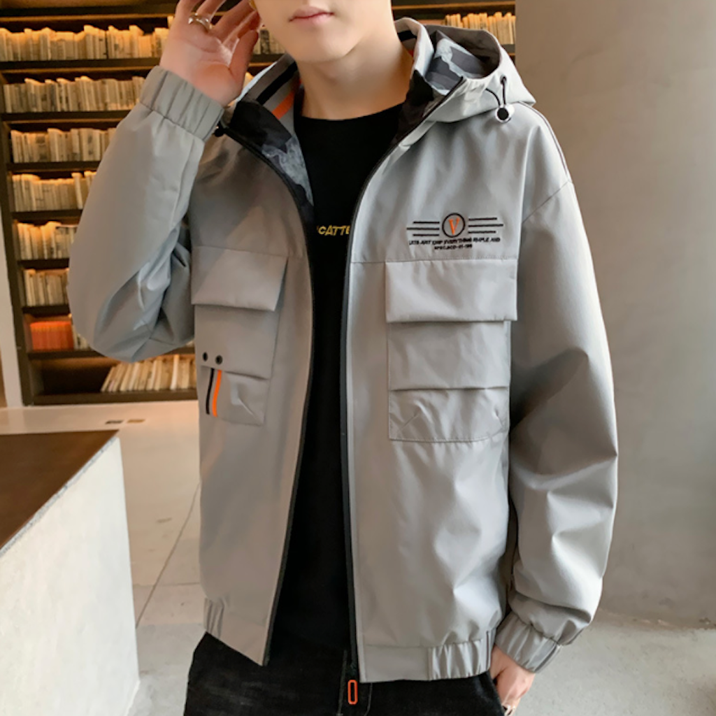 Mens Hooded Windproof Jacket With Collar Details