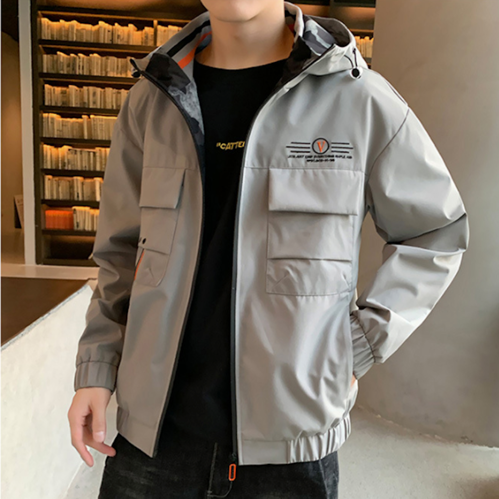 Mens Hooded Windproof Jacket With Collar Details