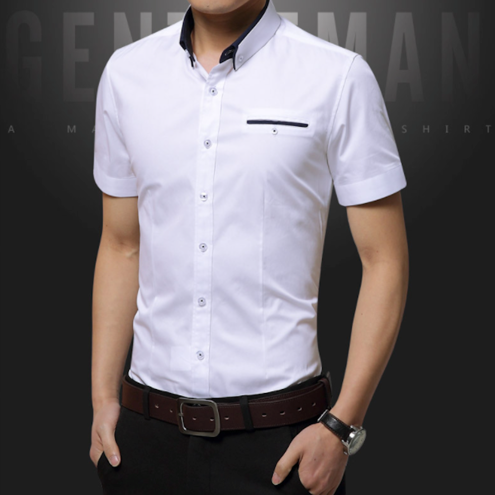 Mens Short Sleeve Button Down Shirt with Dual Collar Look