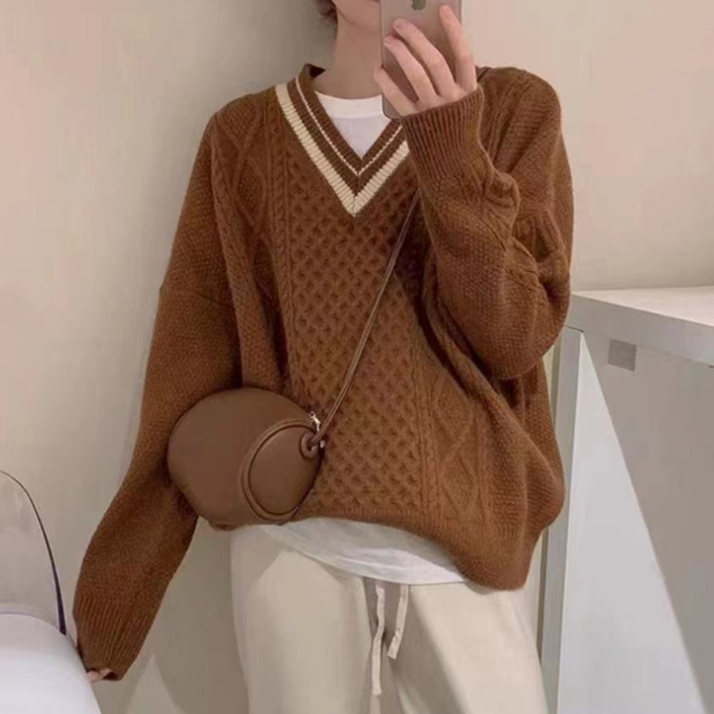 Womens V Neck Cable Knit Sweater