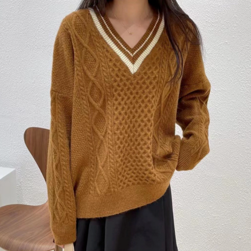 Womens V Neck Cable Knit Sweater