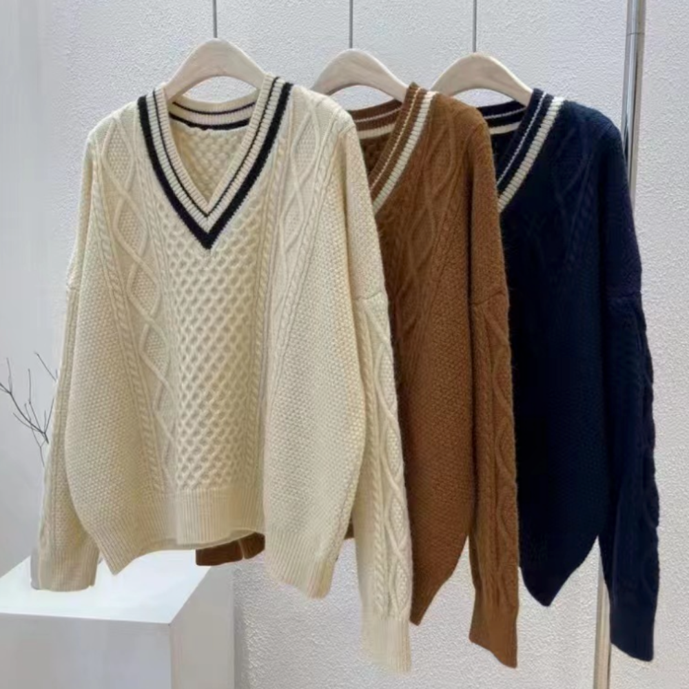 Womens V Neck Cable Knit Sweater