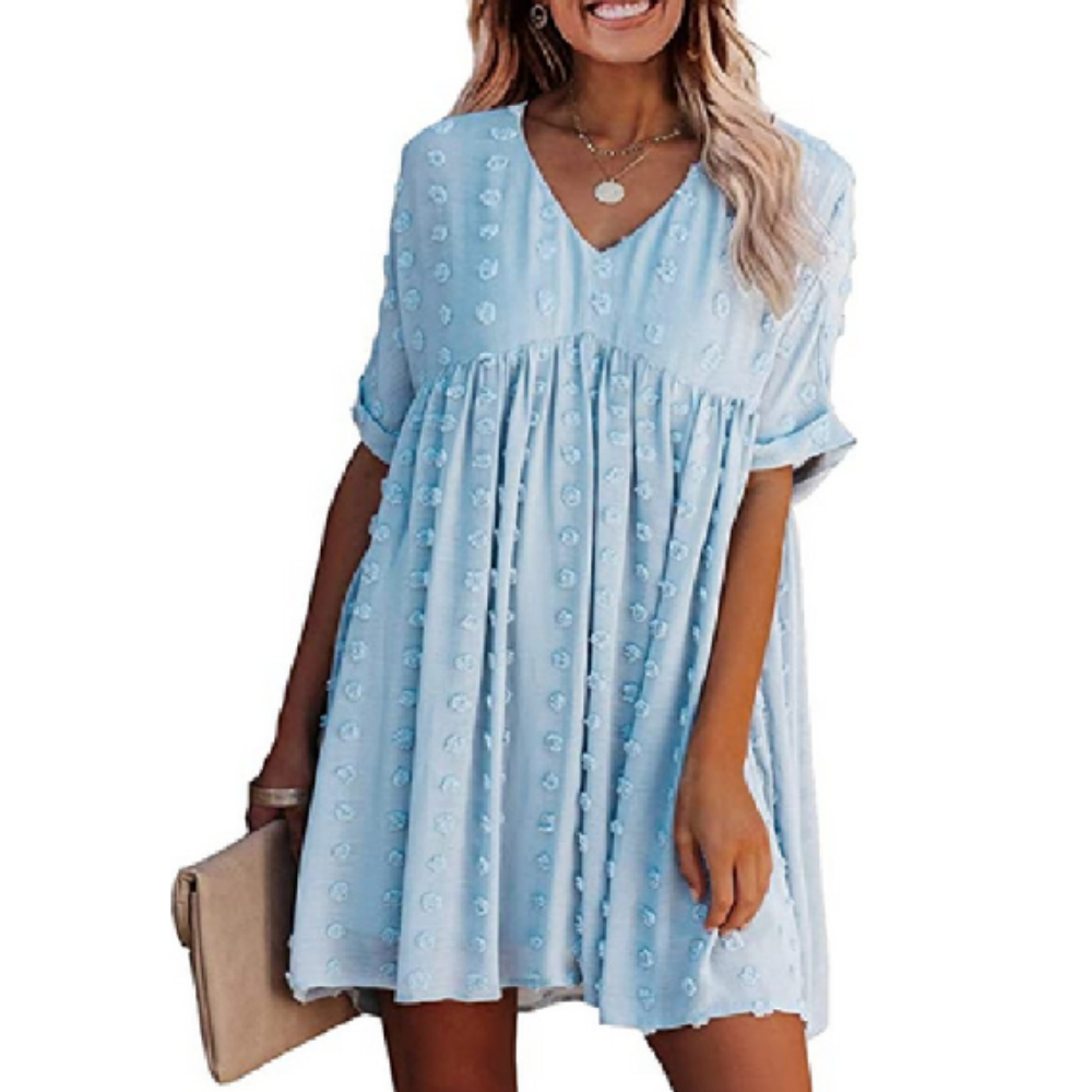Womens V Neck Short Sleeves Flowy Dress