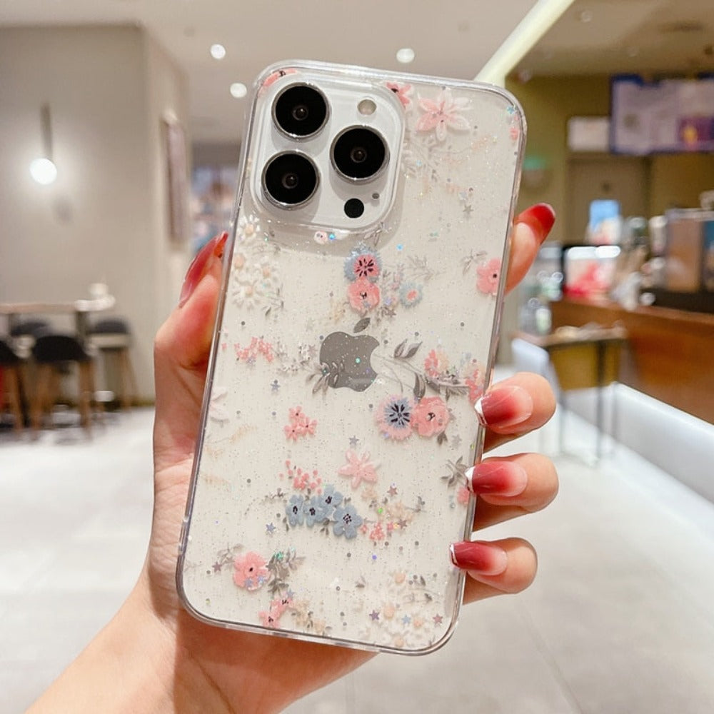 Pink and Blue Daisies Sparkly Silicone Case for iPhone