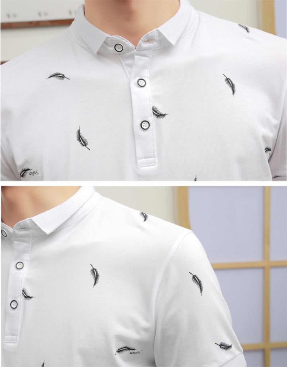 Mens Short Sleeve Polo Shirt with Feather Print