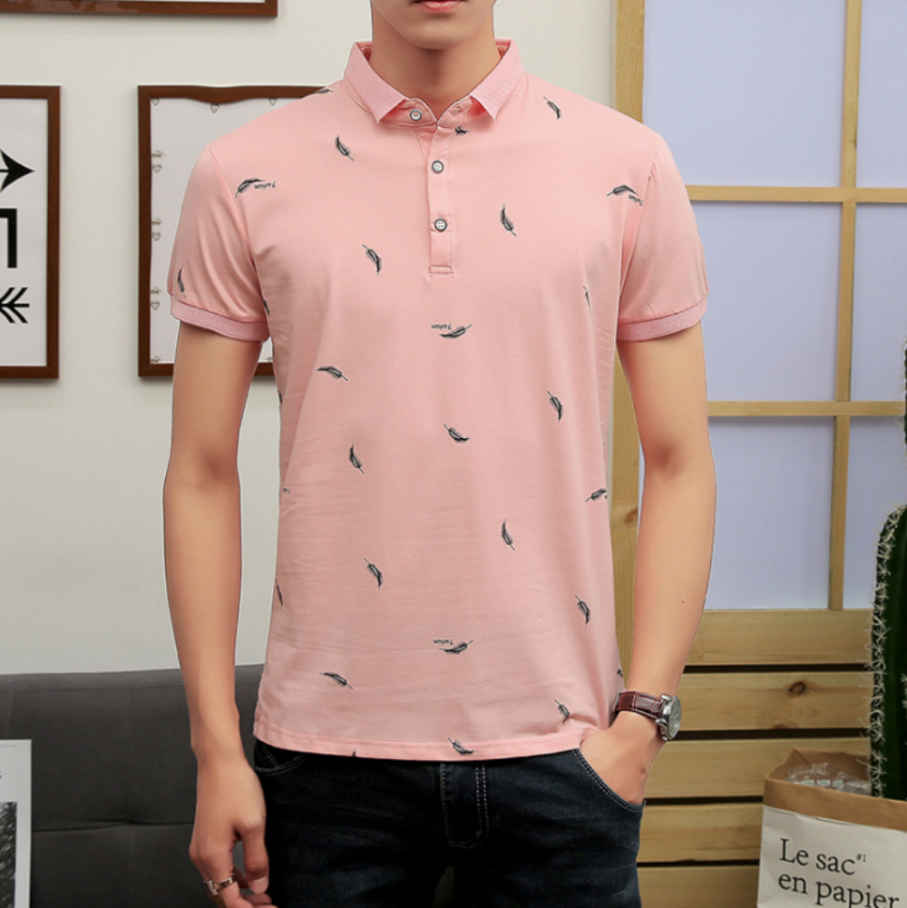 Mens Short Sleeve Polo Shirt with Feather Print