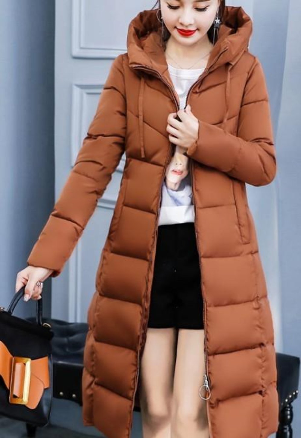 Womens Puffer Hooded Long Coat in Army Green