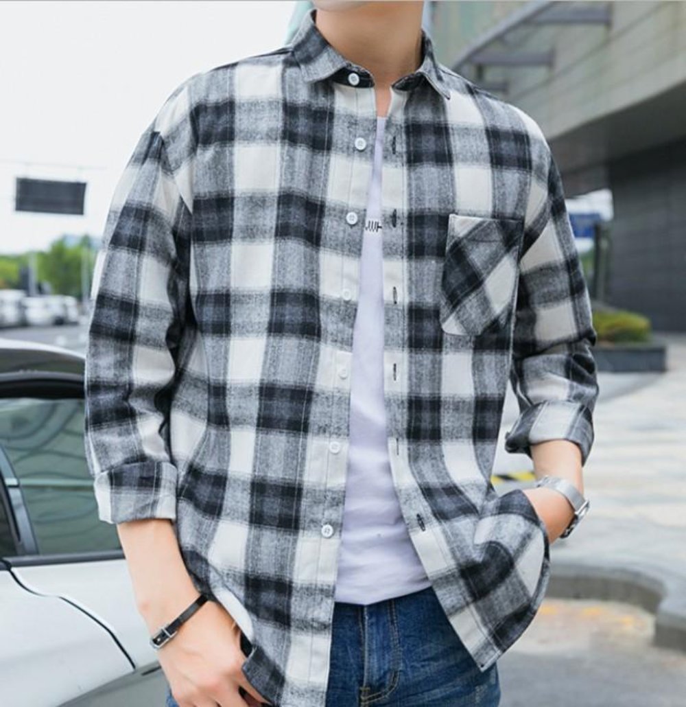 Mens Casual Long Sleeve Button Front Plaid Shirt in Black