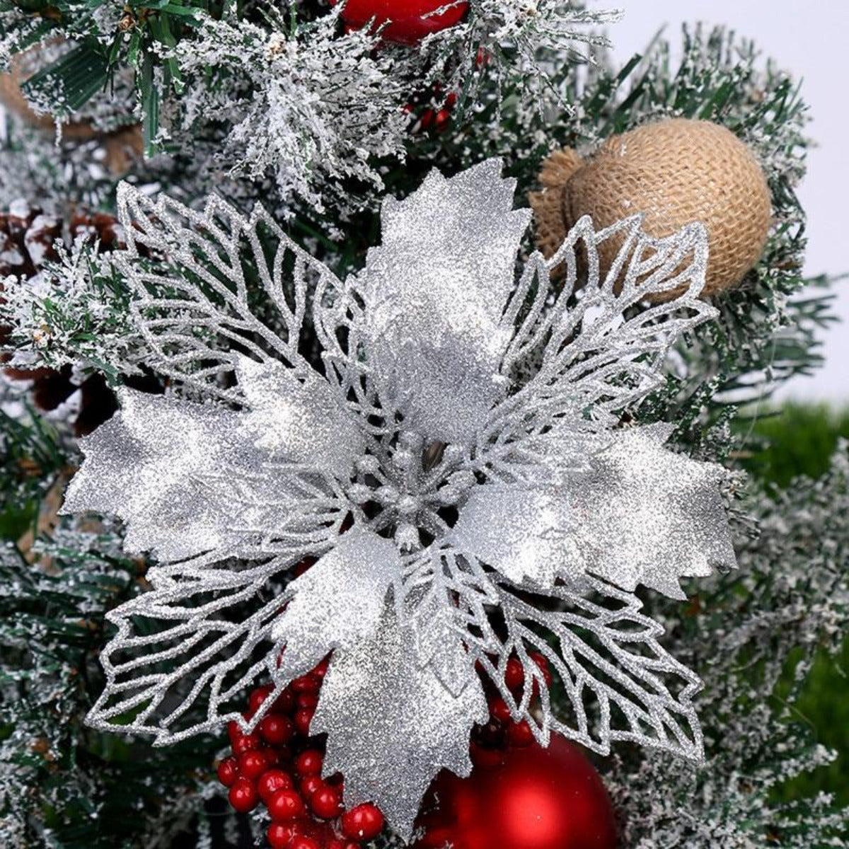 Christmas Tree Decoration Hanging Glitter Flowers 10 Pcs Set