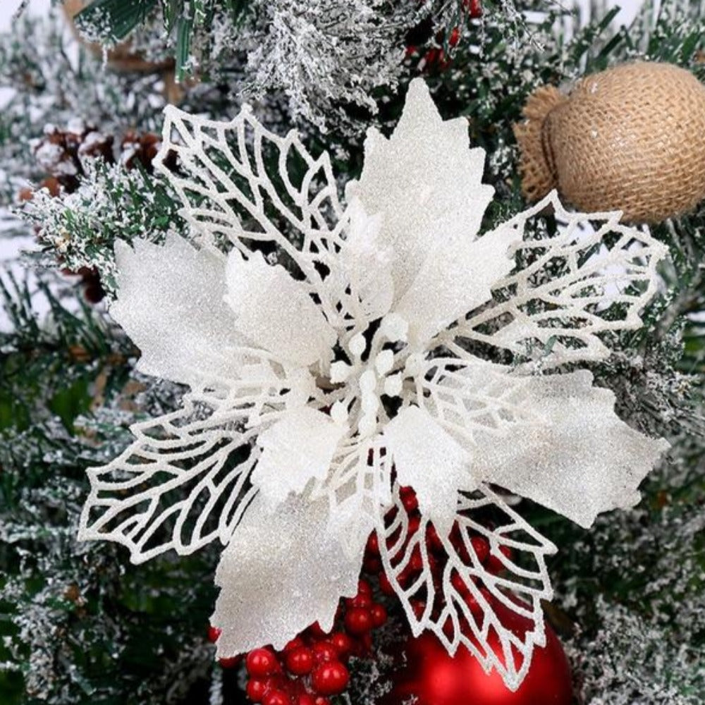 Christmas Tree Decoration Hanging Glitter Flowers 10 Pcs Set