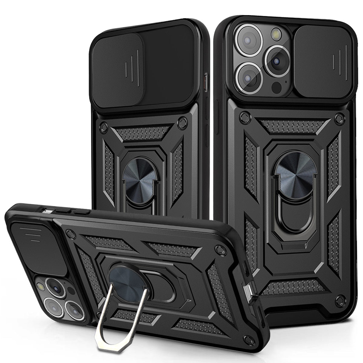360 Protection Armor Kickstand Case for iPhone X to 14 series with Camera Lens Cover