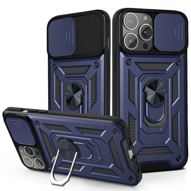 360 Protection Armor Kickstand Case for iPhone X to 14 series with Camera Lens Cover