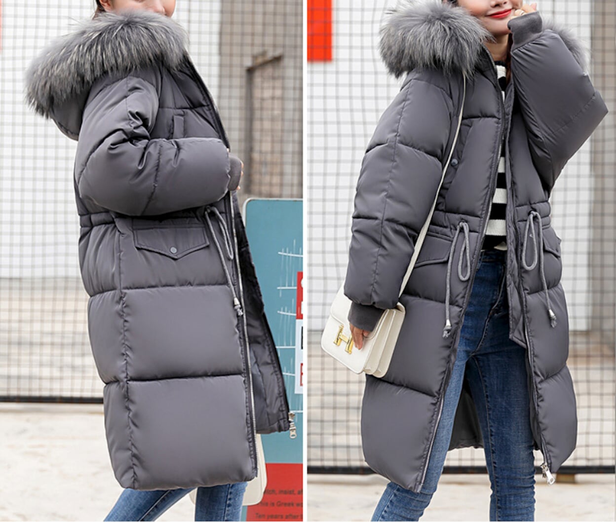 Womens Cinch Waist Puffy Jacket with Furry Hood