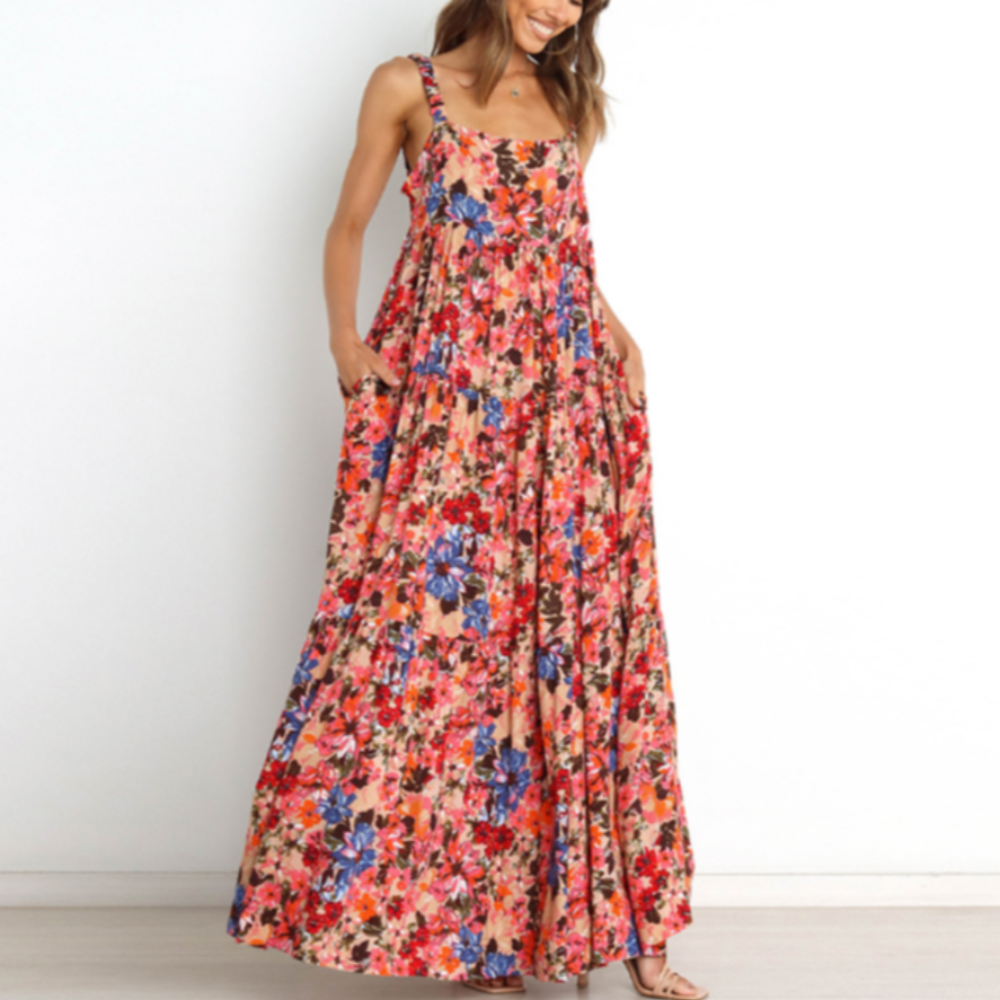 Low Back Floral Flowy Dress With Pockets