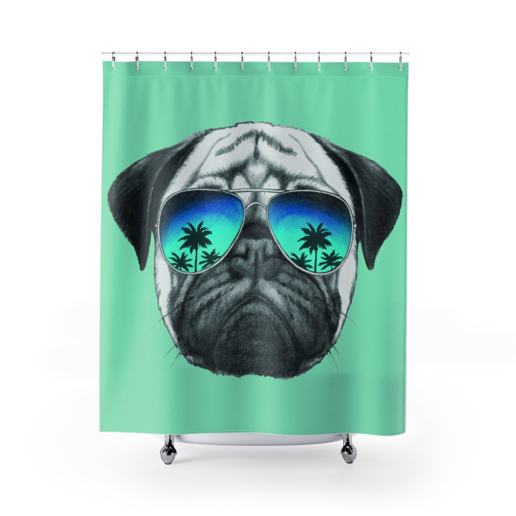 Pug in Sunglasses Green Shower Curtains