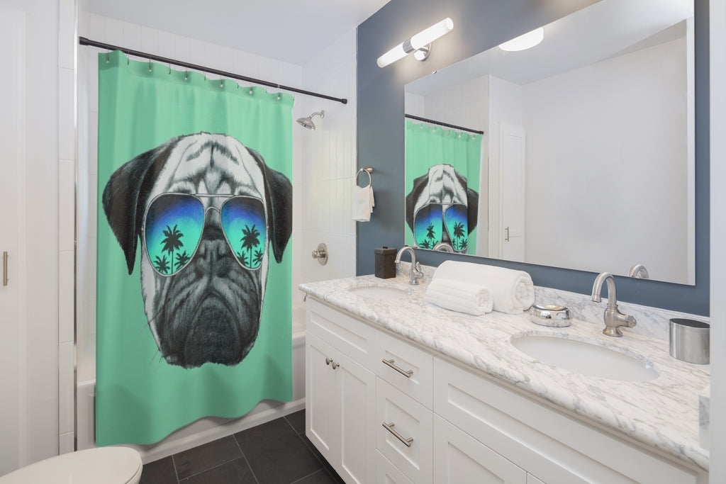 Pug in Sunglasses Green Shower Curtains