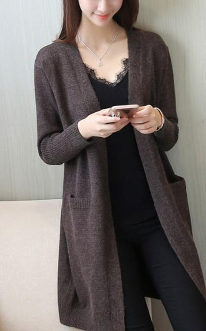 Womens Mid Length Knitted Open Cardigan