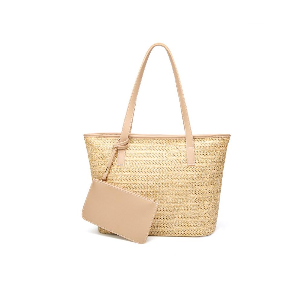 Vegan Leather Trimmed Straw Tote