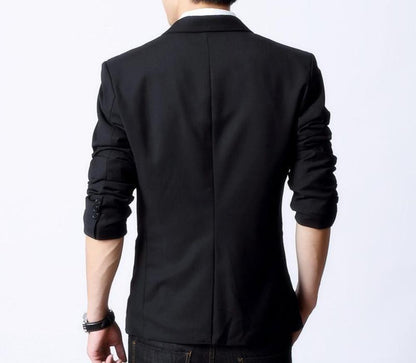Mens Slim Fit Classic Black Blazer with Faux Leather Details Pocket