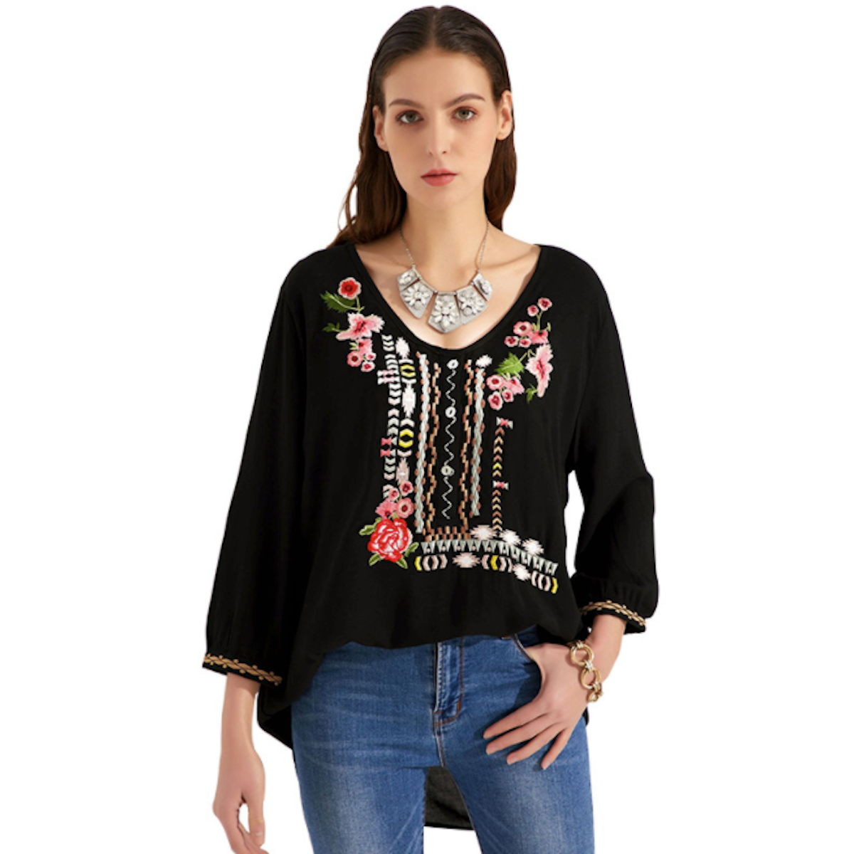 Womens Embroidered Quarter Sleeve Top