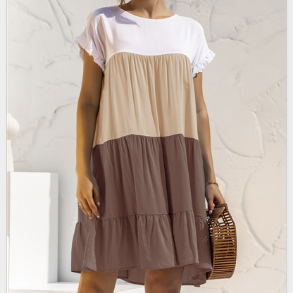 Womens Color Block Summer Dress with Ruffle Sleeve