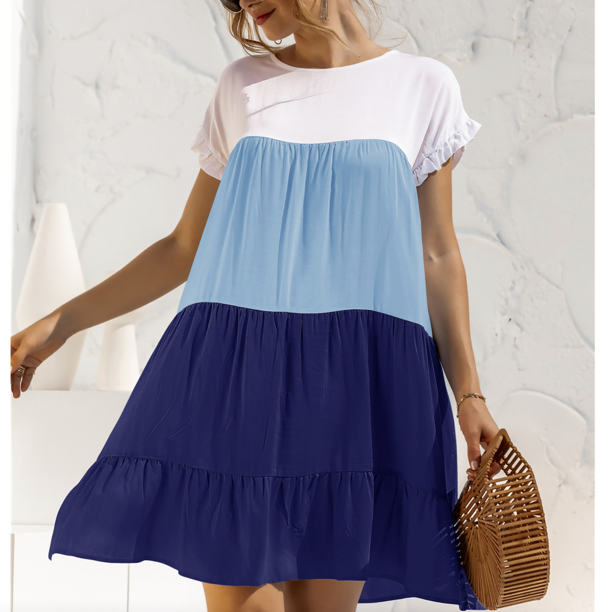 Womens Color Block Summer Dress with Ruffle Sleeve