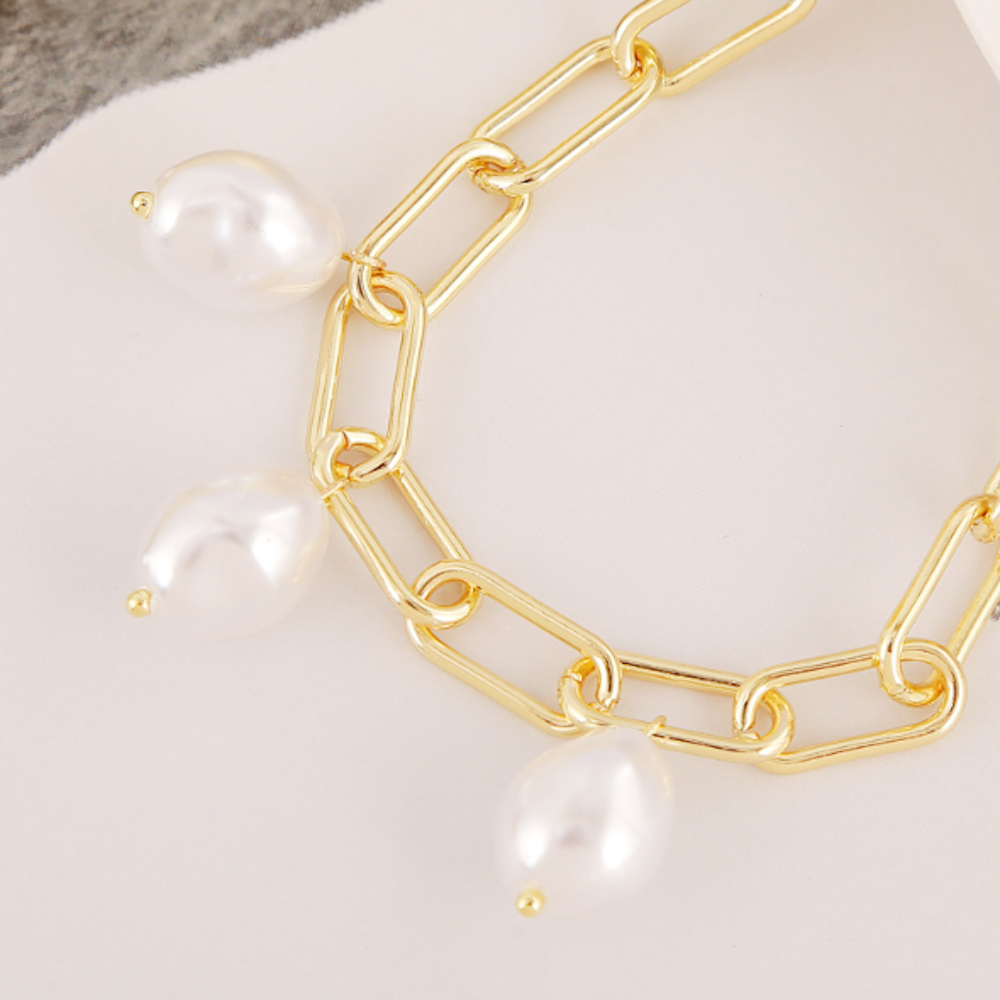 Womens Link Bracelet with Faux Pearl Detailing