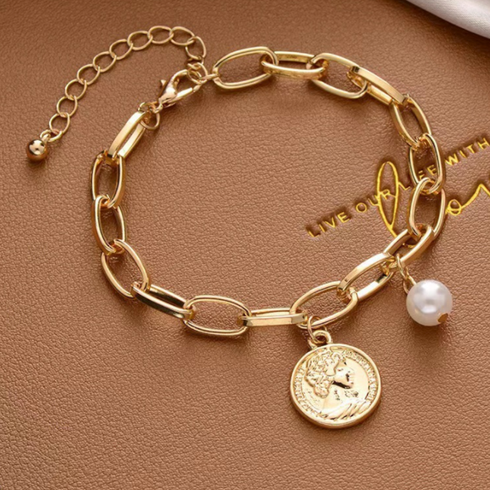 Womens Oval Link Bracelet With Coin Charm and Faux Pearl