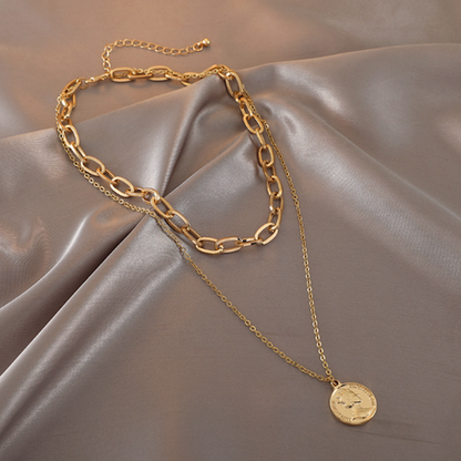 Womens Layered Look Choker Necklace with Coin Pendant