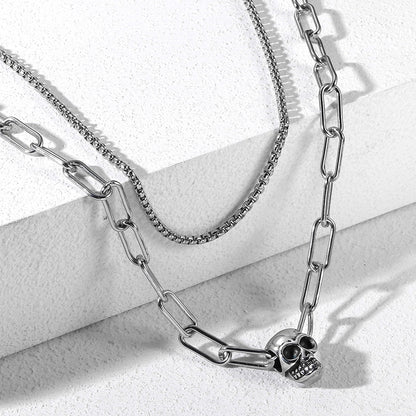 Layered Look Choker Chain Necklace With Skull