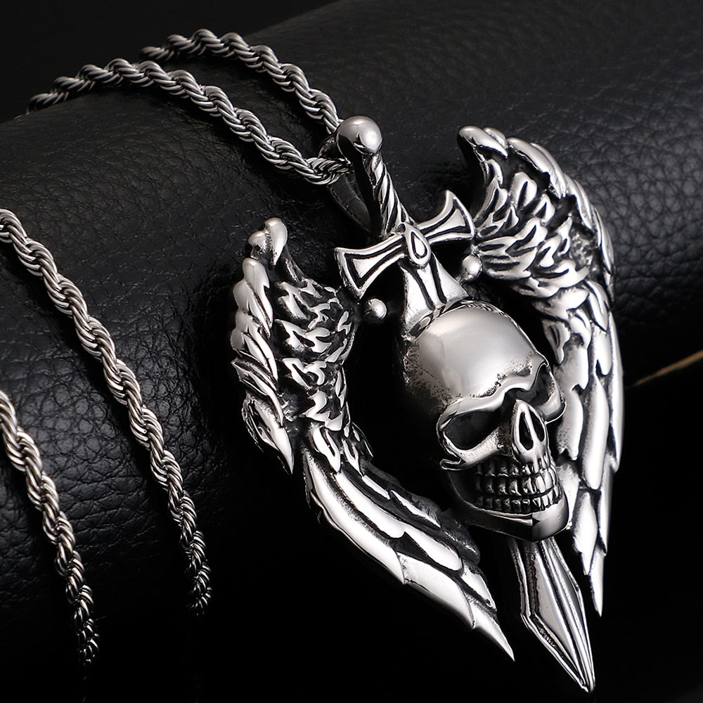 Winged Skull With Sword Necklace