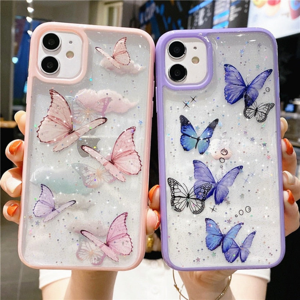 Butterfly Glitter Clear Case For iPhone 7 to 14 Series