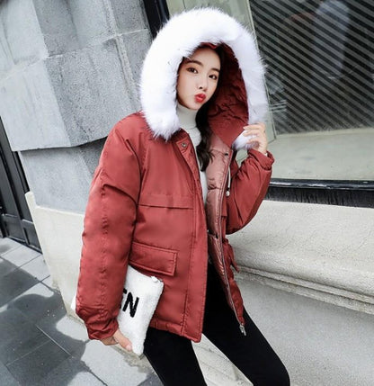 Womens Winter Short Puffy Coat with Hood in Red