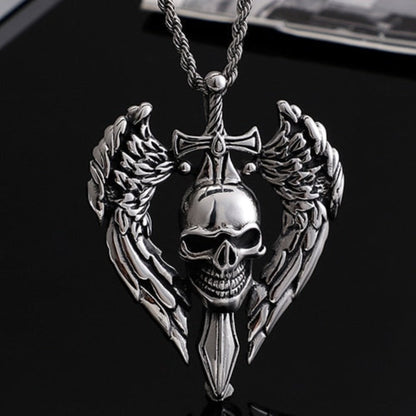 Winged Skull With Sword Necklace