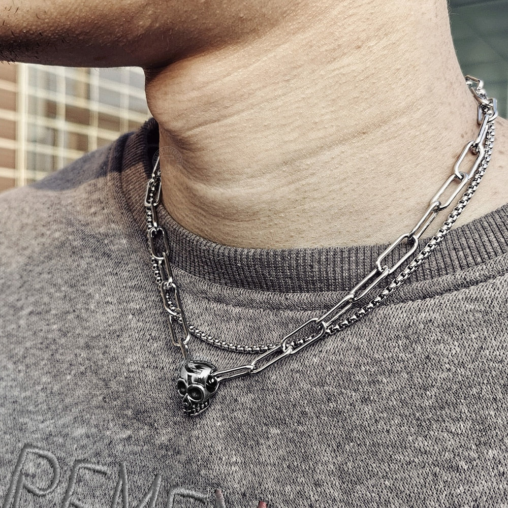 Layered Look Choker Chain Necklace With Skull