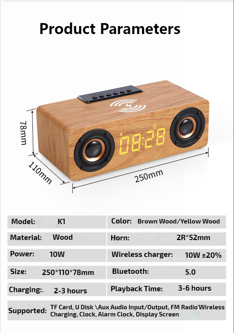 Wooden Retro Theme Wireless Charger Bluetooth Speaker Alarm Clock Radio