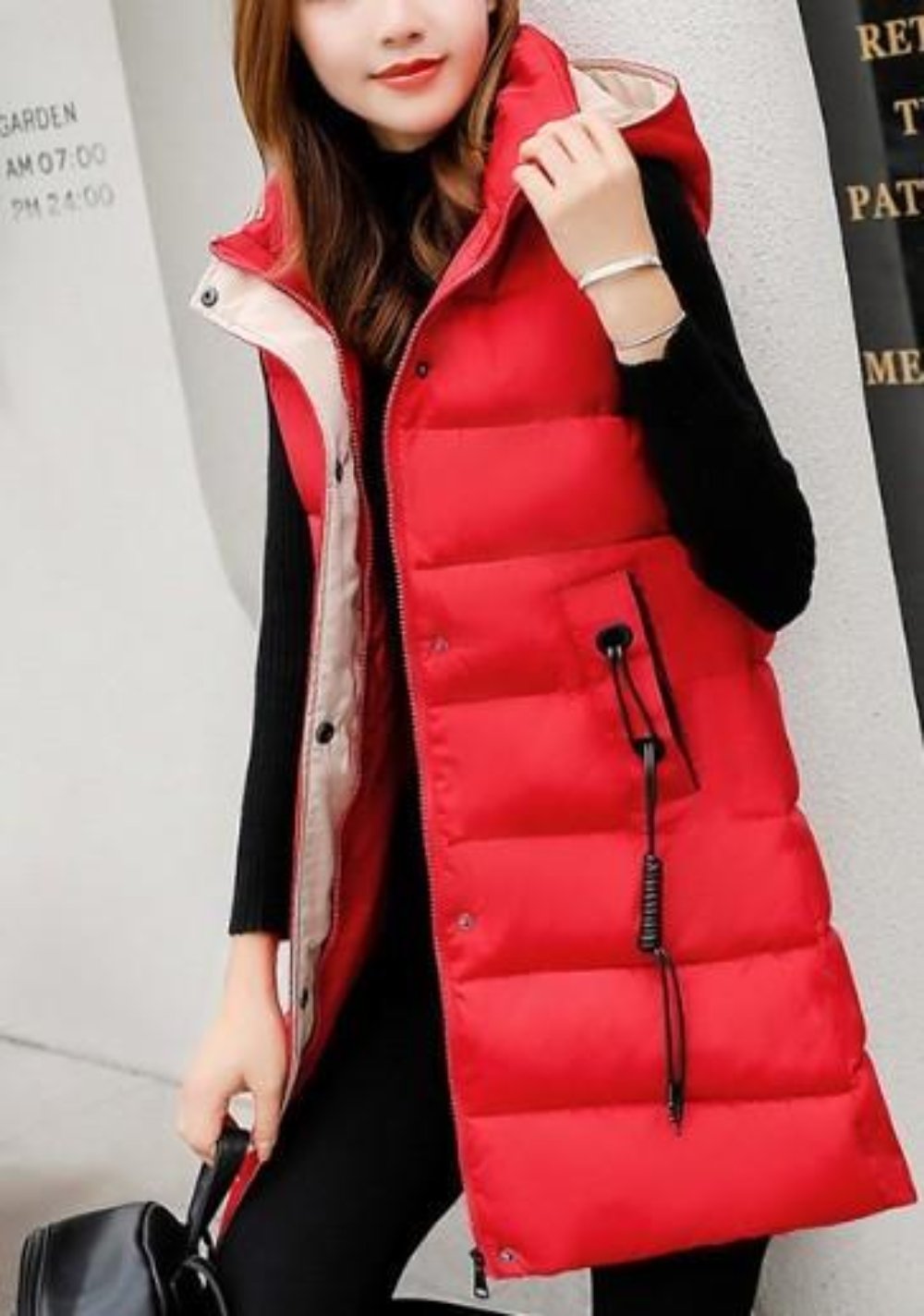 Womens High Collar Hooded Puffer Winter Vest in Red