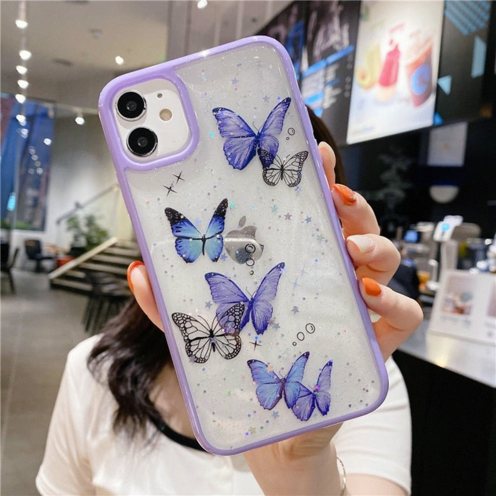Butterfly Glitter Clear Case For iPhone 7 to 14 Series