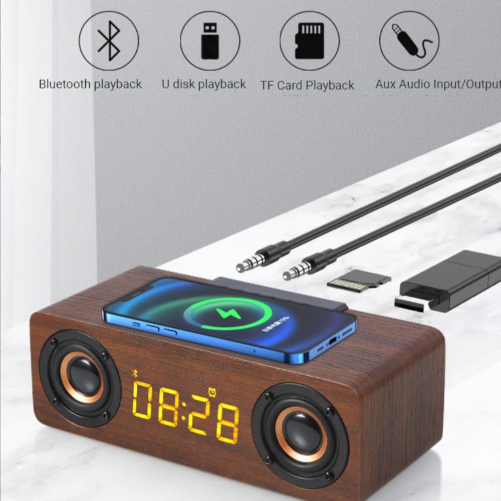 Wooden Retro Theme Wireless Charger Bluetooth Speaker Alarm Clock Radio